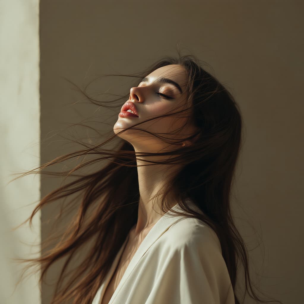 AI generated: A highly elegant woman with long flowing dark brown hair, her head tilted back in a three-quarter an...