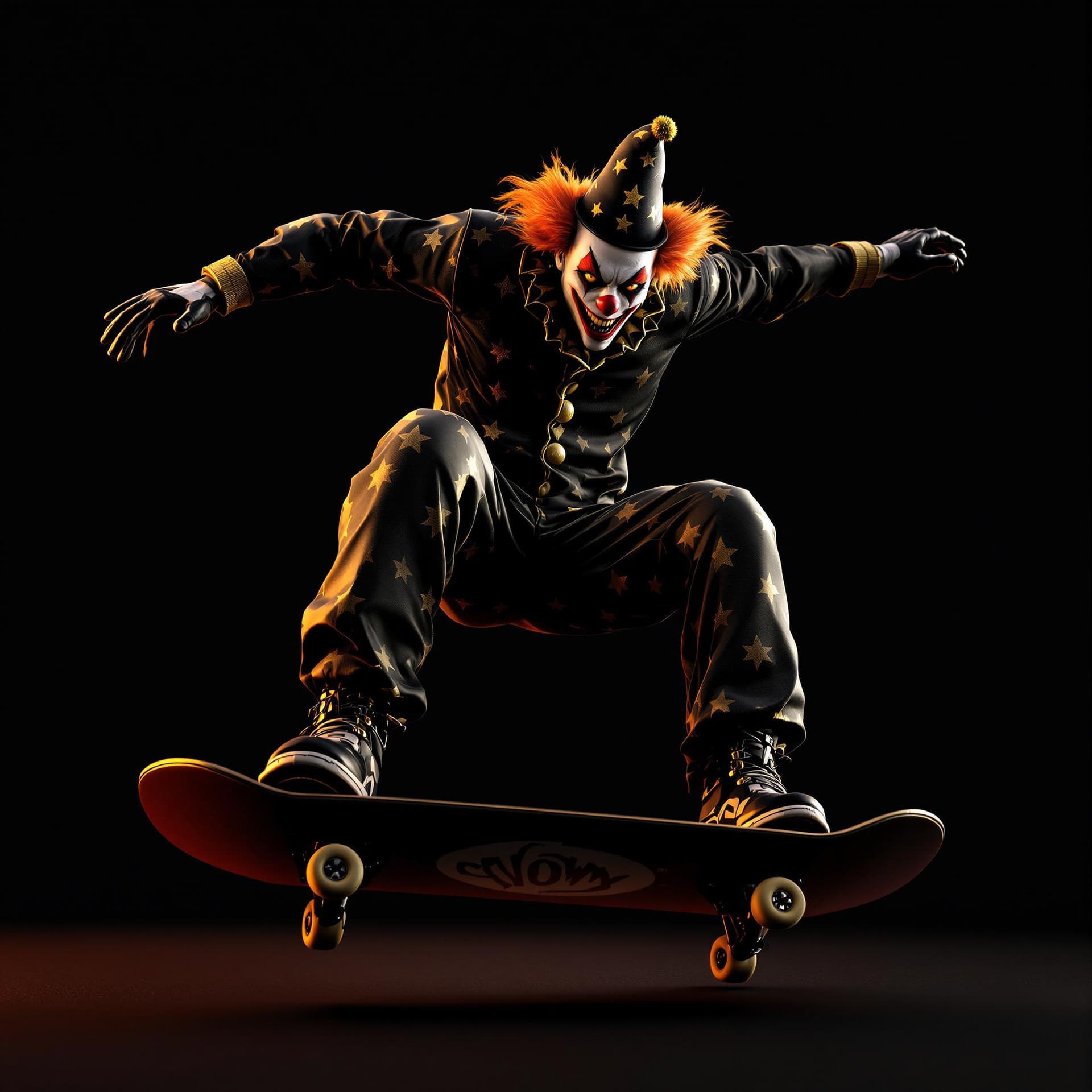 AI generated: Skateboarding clown, Digital rendering, 3D modeling, Contemporary era, High contrast with dark and g...