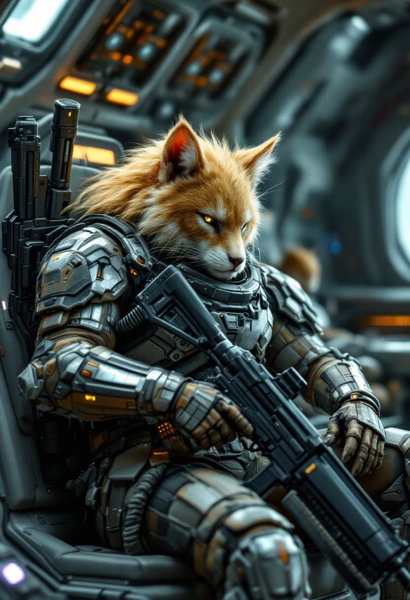 AI generated: A 50yo focused humanoid with feline features and hair like a long golden mane futuristic NCO space m...