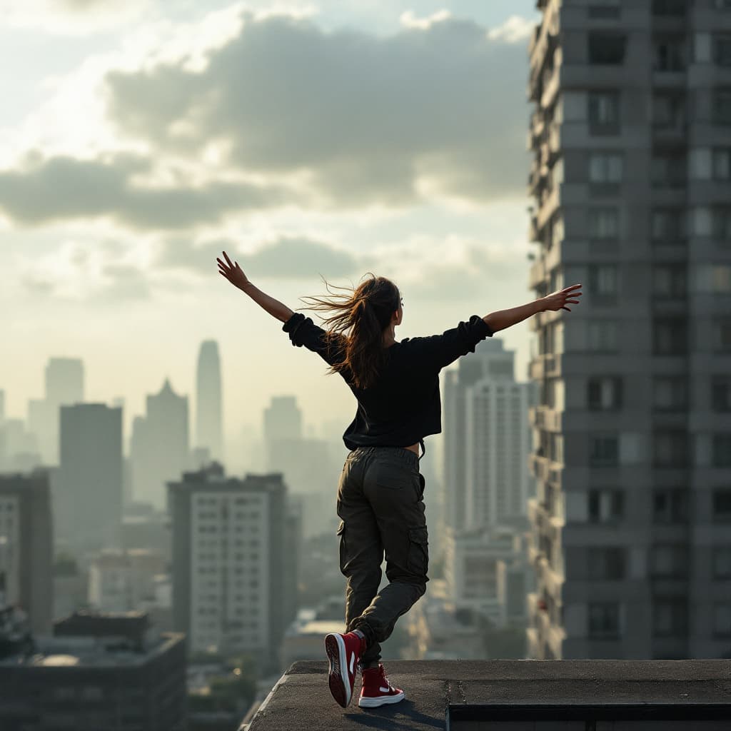 AI generated: photograph of a woman expressing freedom, rear view, full body, building rooftop at safety railing, ...