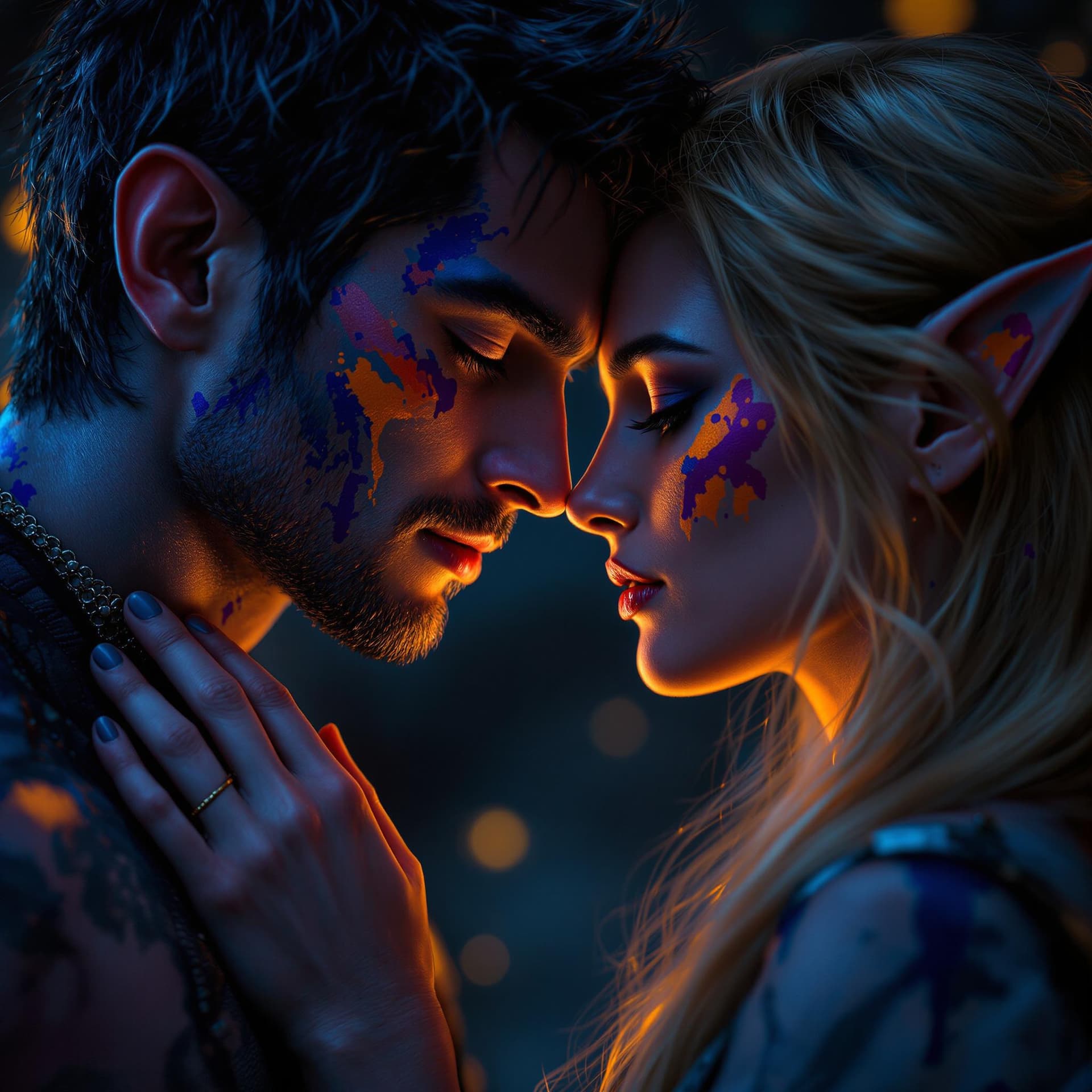 AI generated: A raw, hyper-realistic cinematic headshot of two elf lovers in an intimate embrace. Their faces are ...