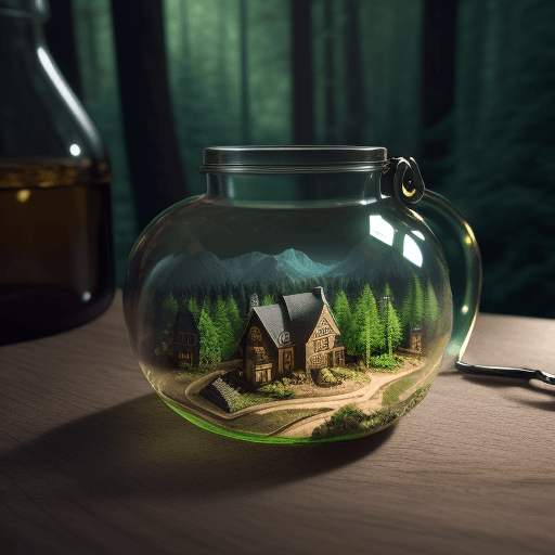 AI generated: (Intricate landscape of a forest mini-town enclosed in a bottle) ,apple-shaped bottle on the table, ...