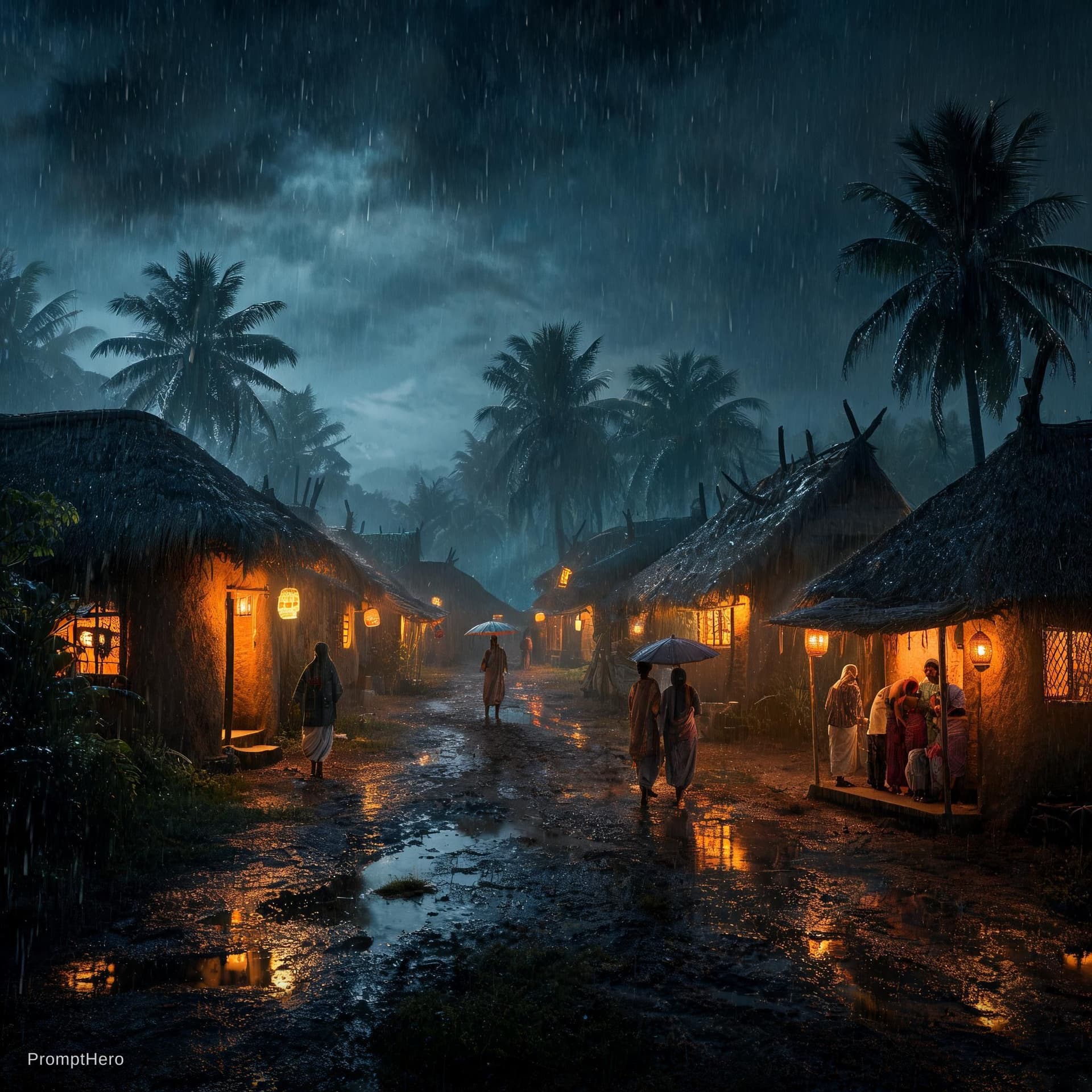 AI generated: indian village night time rainy  season