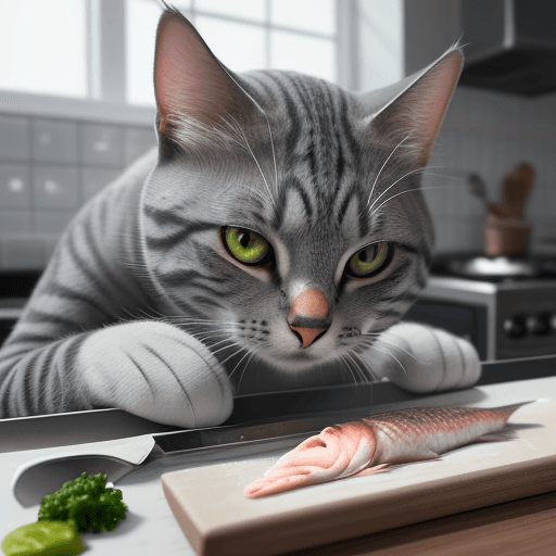 AI generated: close-up photography of (grey tabby cat:1.2) (cuts the fish with a knife on the table:1.2), (c4ttitu...