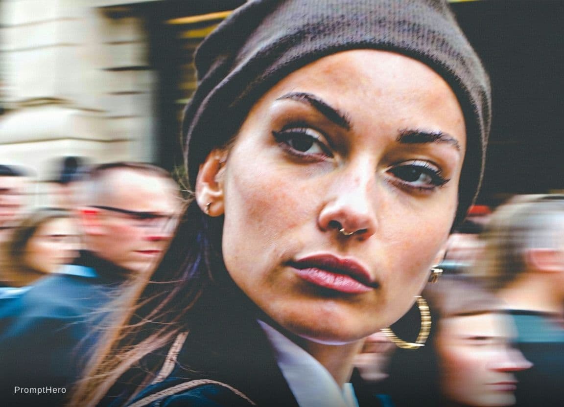AI generated: Paparazzi-style extreme close-up photo of a woman with striking facial features, caught off-guard wh...