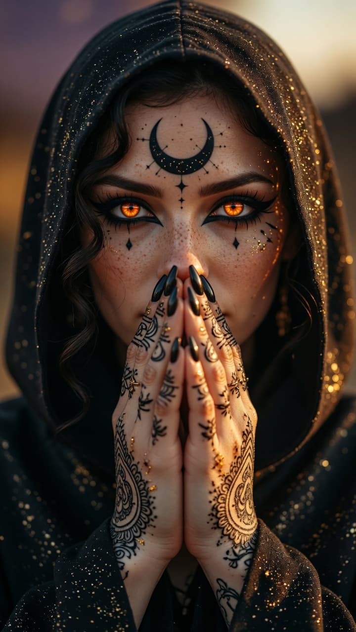 AI generated: "A highly detailed, photorealistic portrait of a mysterious woman with intense glowing amber-orange ...