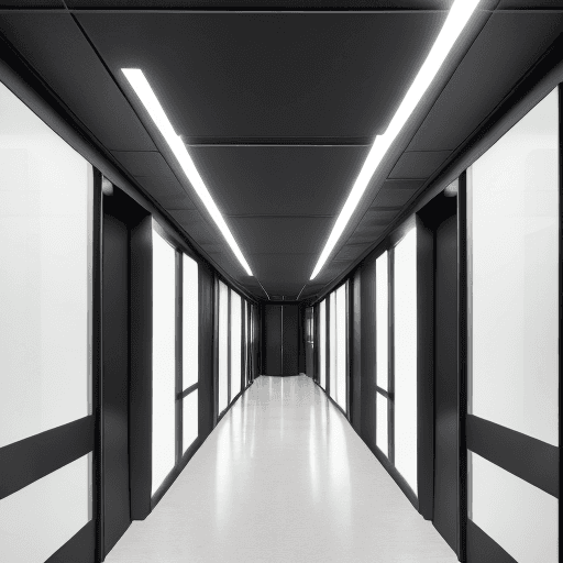 AI generated: a bank corridor with two black doors on the right and 1 black door on the left , ending up with a gl...