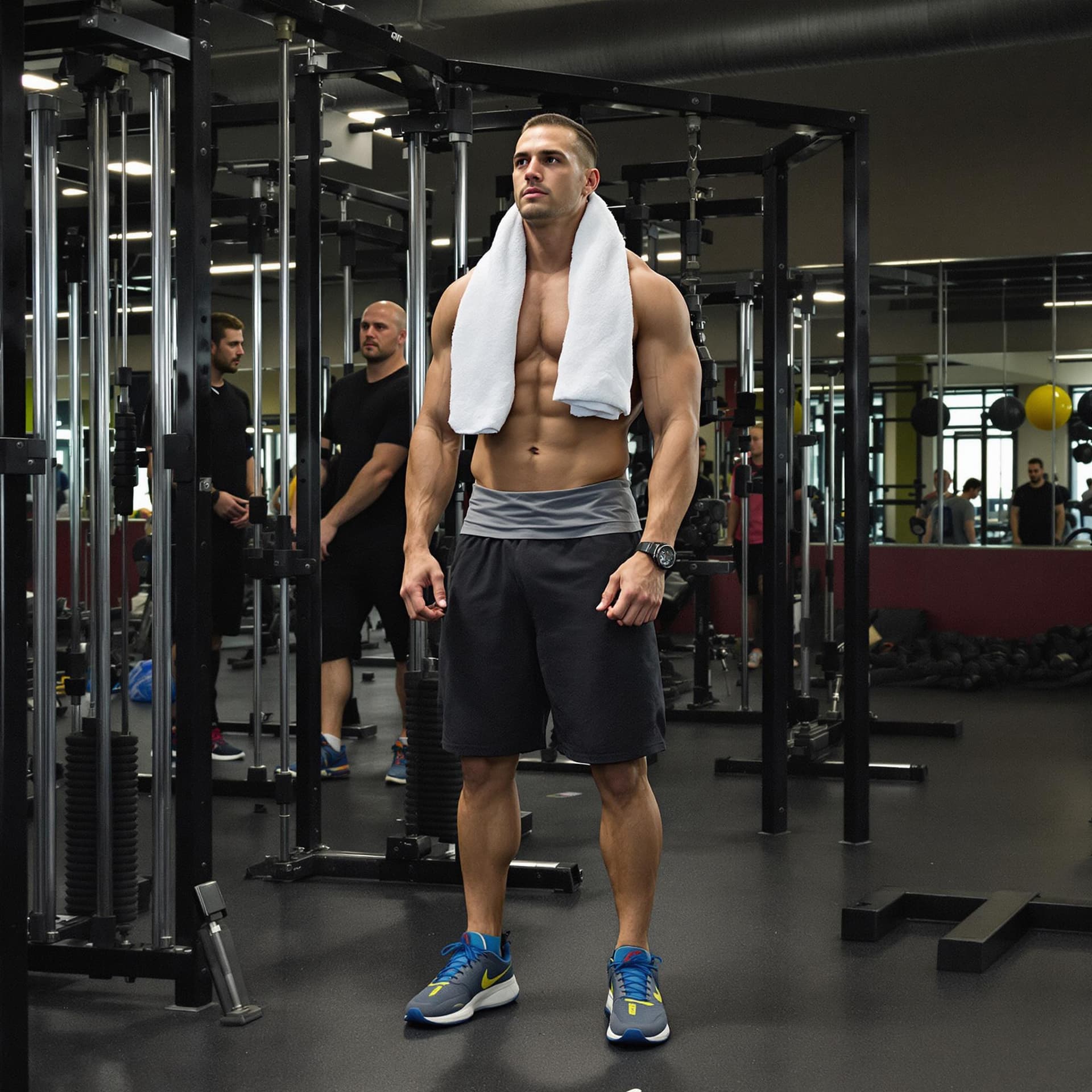 AI generated: man at the gym with towel around neck, gym clothes and sneakers
