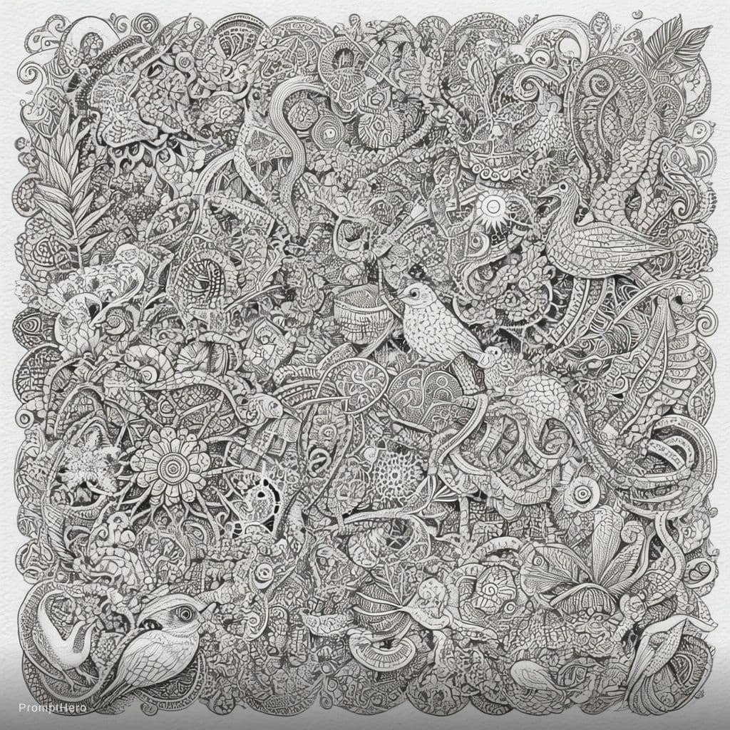 AI generated: An intricate, dense, full-page adult coloring book line art composition. The style is defined by cle...