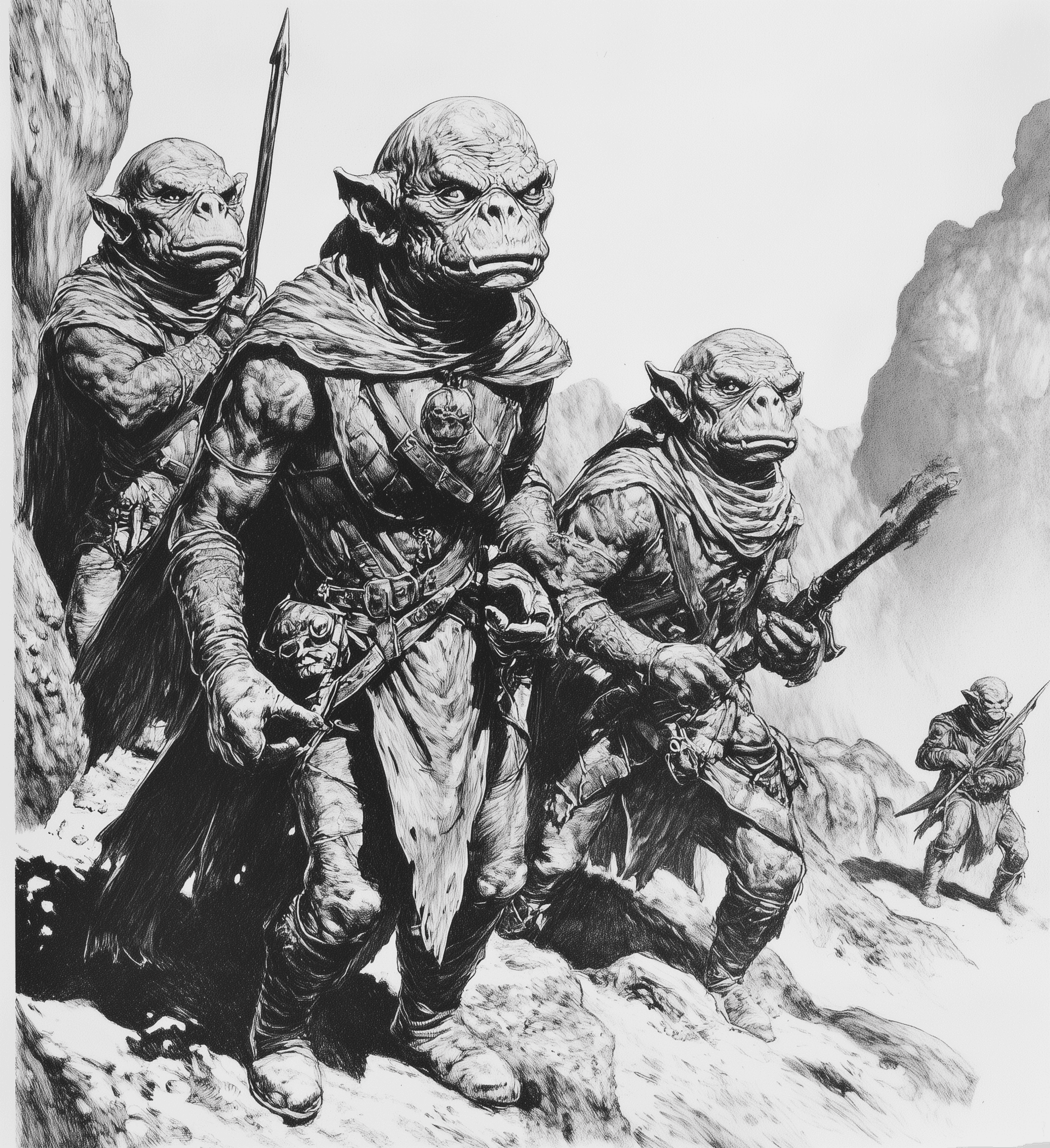 AI generated: 0s book art of gray-skinned Dungeons & Dragons goblins wearing medieval on an alien planet, in the s...