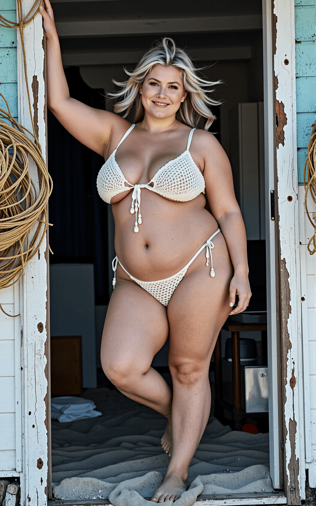 AI generated: Documentary style capture of a statuesque full-figured woman with a signature cascade of windswept s...