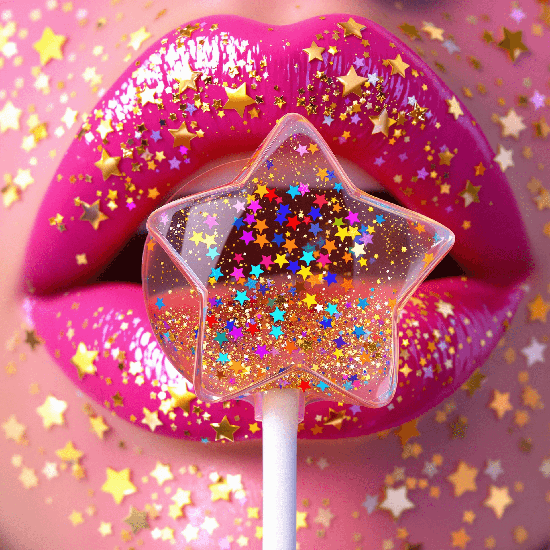 AI generated: A close-up of vibrant pink glossy lips adorned with glittering golden and silver star-shaped sequins...