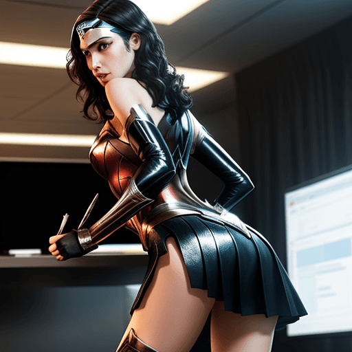 AI generated:  tight skirt, shiny skirt, picking up a pen from the floor, from behind, look like gal gadot
