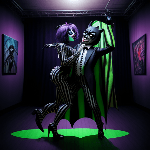 AI generated:  beetlejuice in a batman costume ... dancing in a surreal art space 