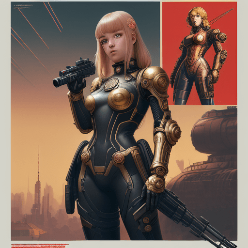 AI generated: young girl in a damaged futuristic suit (cyberpunk golden armor), style Soviet poster, USSR poster, ...