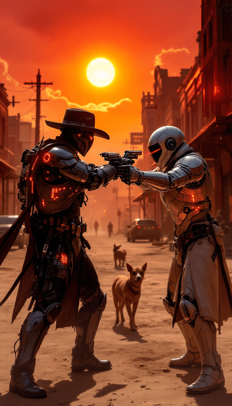 AI generated: A duel at high noon in the 'Cybernetic Wild West', with combatants using laser-sighted six-shooters ...