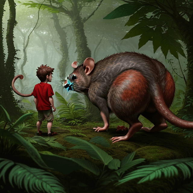 AI generated:  a young prehistoric boy sees a back of red rat hiding in  a prehistoric forest, behind the leaves, ...