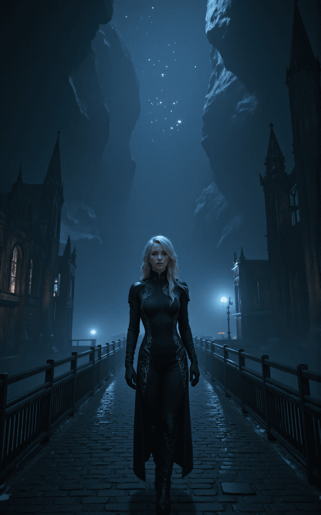 AI generated: In a vast underground cavern where rain falls endlessly from unseen heights, a cold and melancholic ...