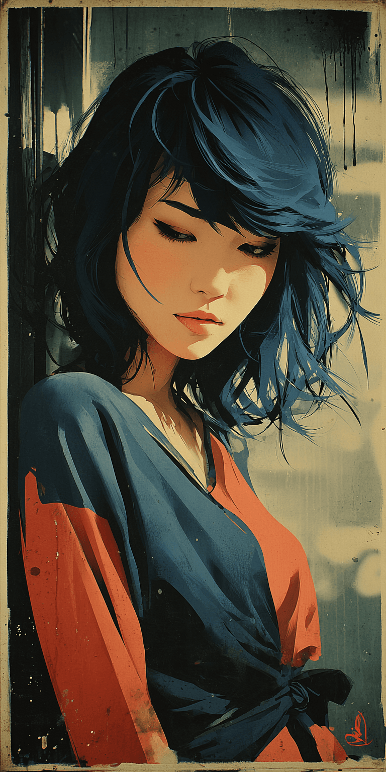 AI generated: a girl with blue hair with eyes closed, in the style of the stars art group (xing xing), yellow and ...