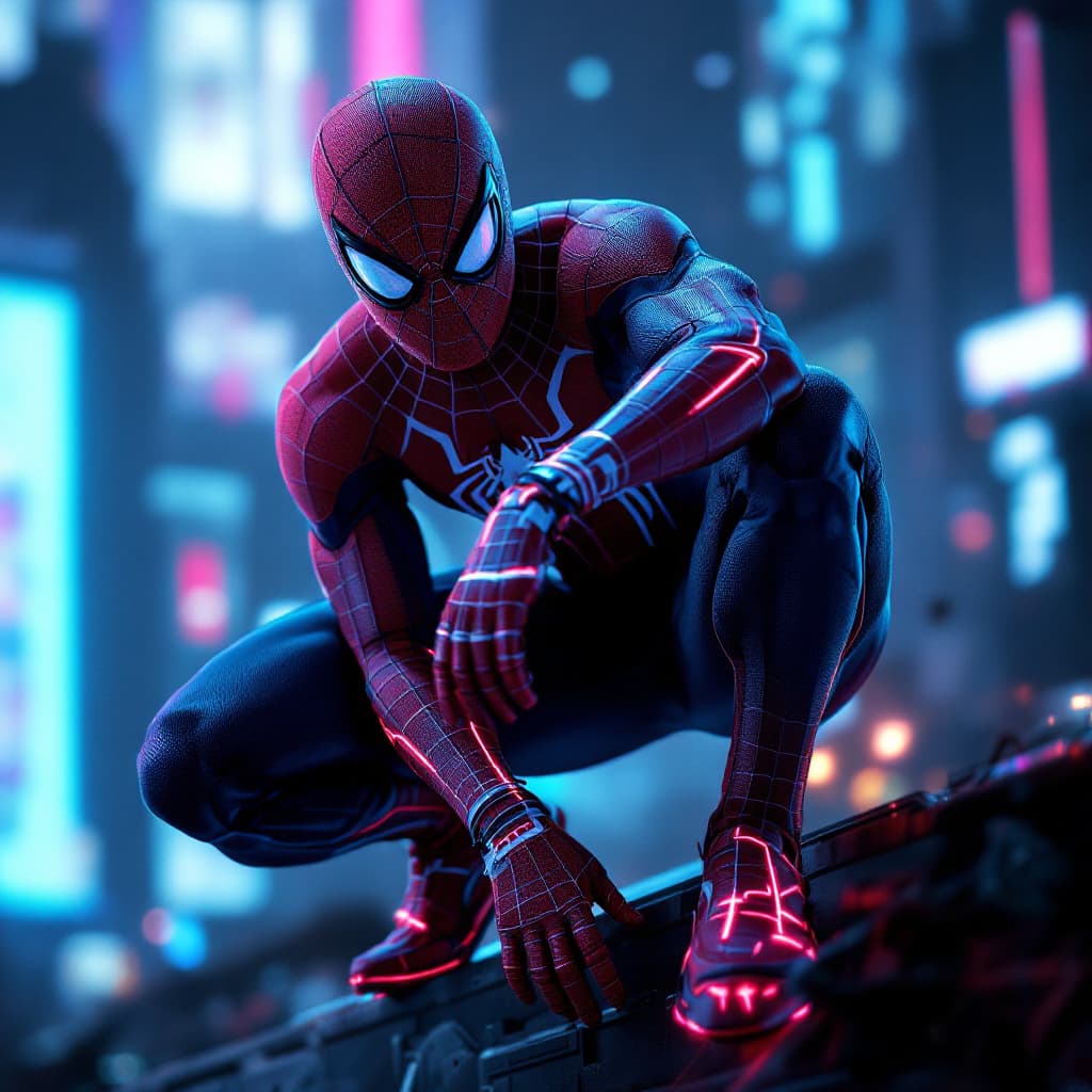 AI generated: Spider-Man in the style of Tron, with neon lights and a hyper-realistic, unreal engine-powered aesth...