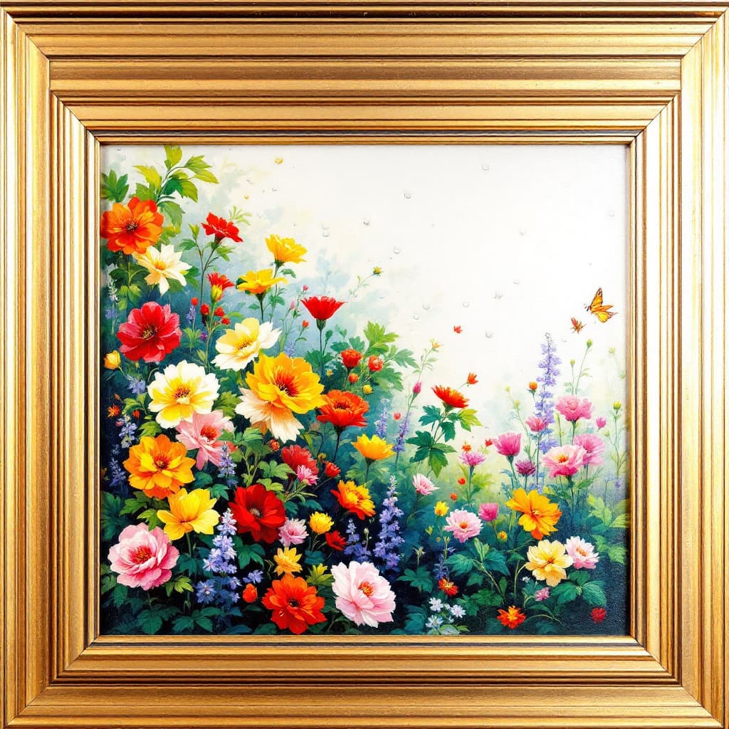 AI generated: A highly detailed oil painting with a gilded frame, capturing the essence of April rain in a lush ga...