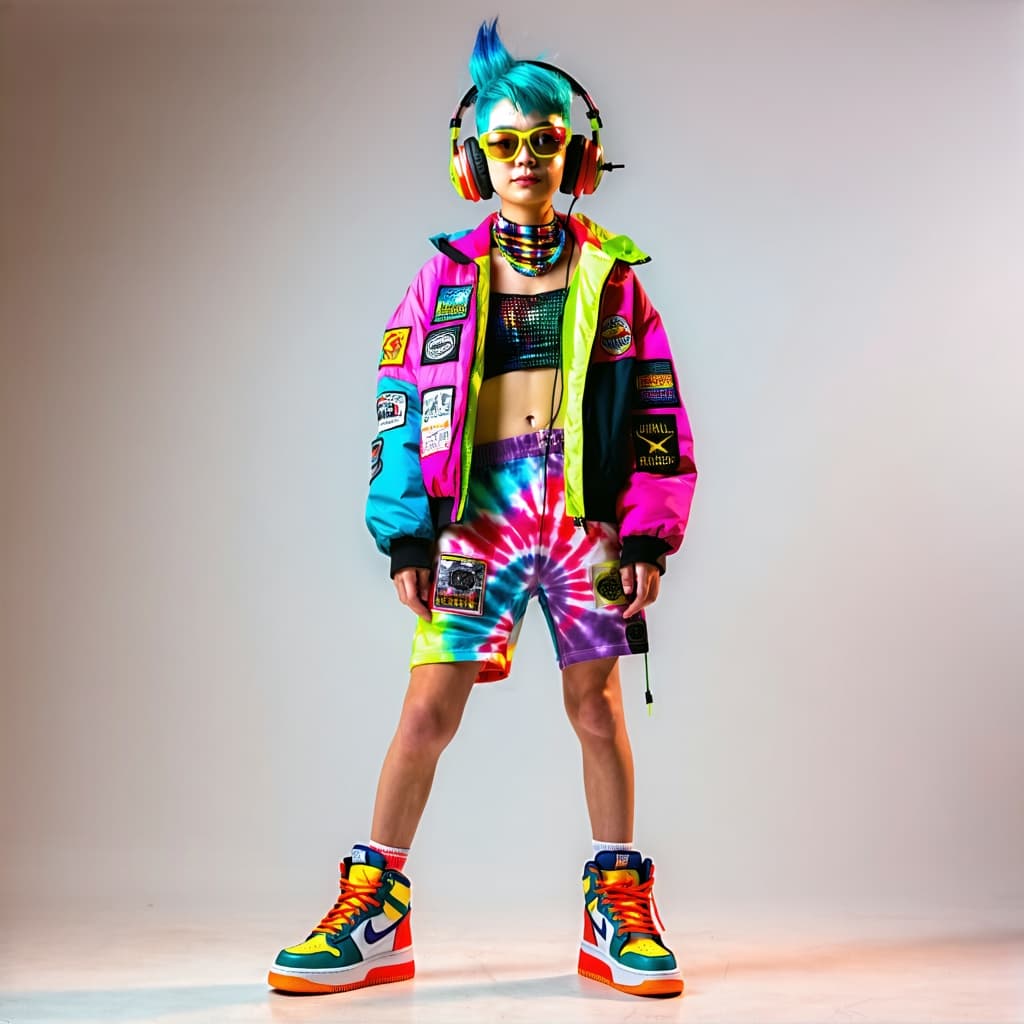AI generated: a person posing in an eclectic and colorful outfit. They are wearing a vibrant jacket with patches, ...