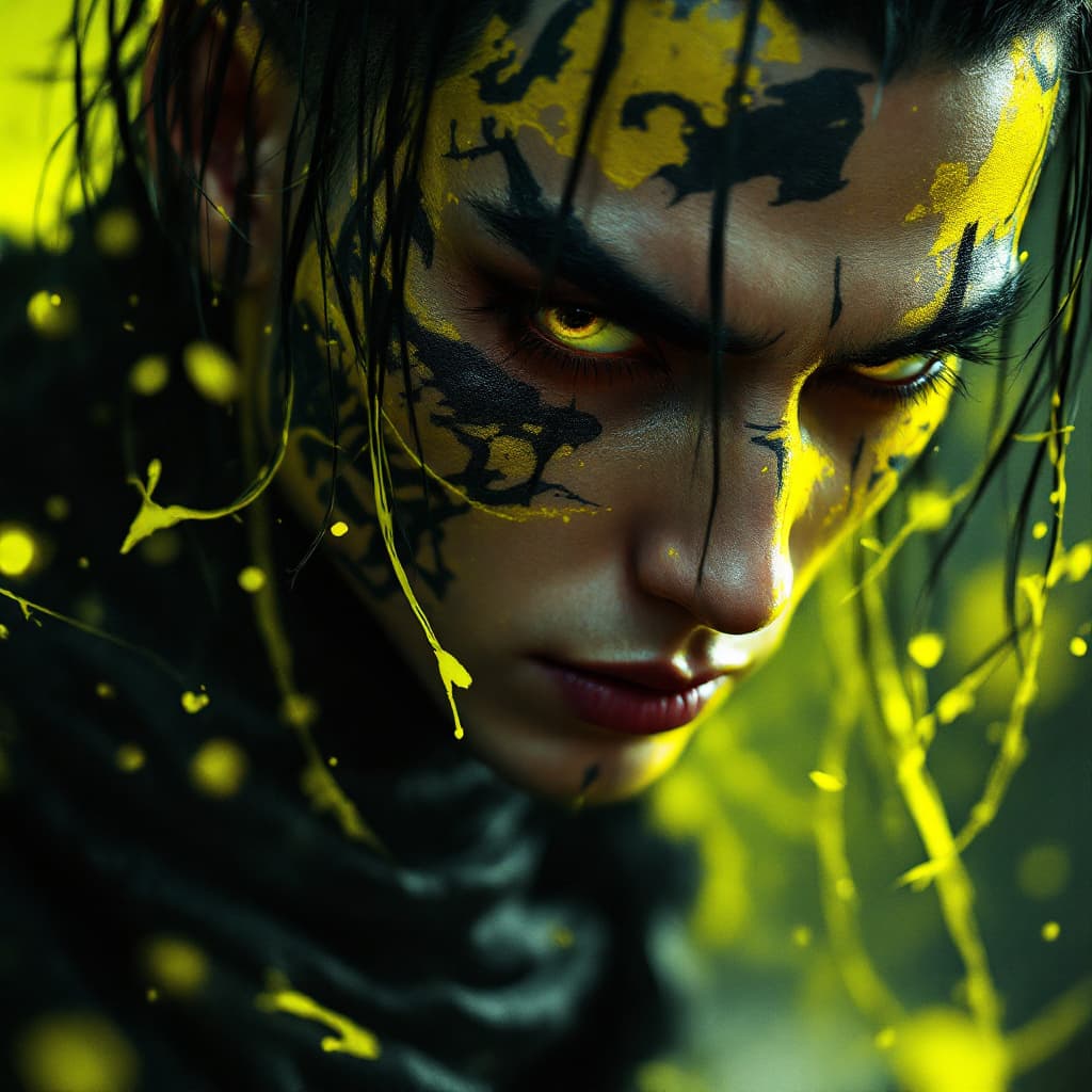 AI generated: Editorial Vivienne Tam photography of a gothic punk rebel Japanese [man] with neon yellow and black ...