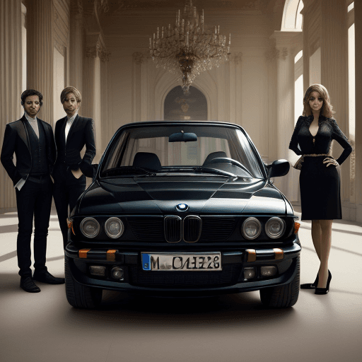 AI generated: there are 4 people in front of a BMW, warm light, baroque style, eye level