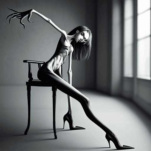 AI generated: extreme skinny slender girl, with long curved claws, skinny legs and long skinny calves in high heel...