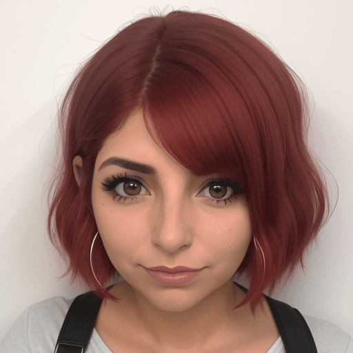 AI generated: chica viajera, artista, tierna, ruda , peliroja cabello corto con la cara de frente
