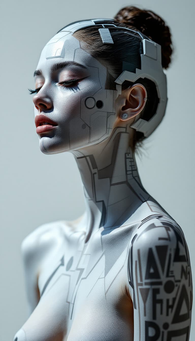 AI generated: Body Painting Art, Living Sculpture, Geometric Shapes, Performative, Woman Holding a Stencil Applyin...