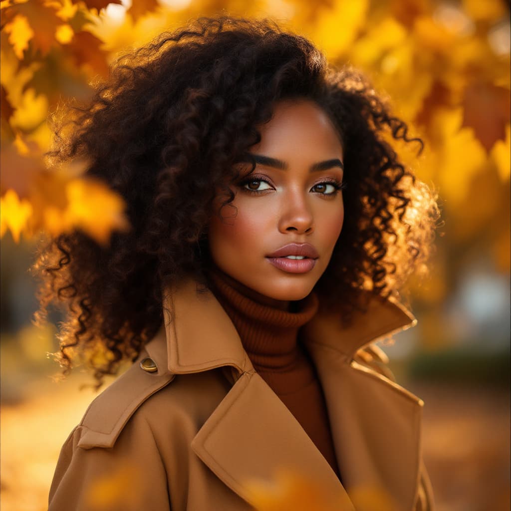 AI generated: A 29-year-old African-American woman with copper-toned skin and voluminous curls, wearing a warm-ton...