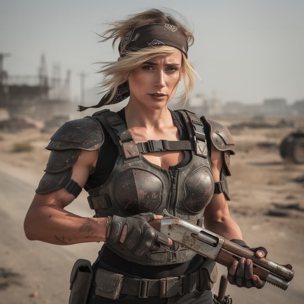 AI generated: cinematic portrait of road warrior mad max female type model character, very fit and athletic, apoca...