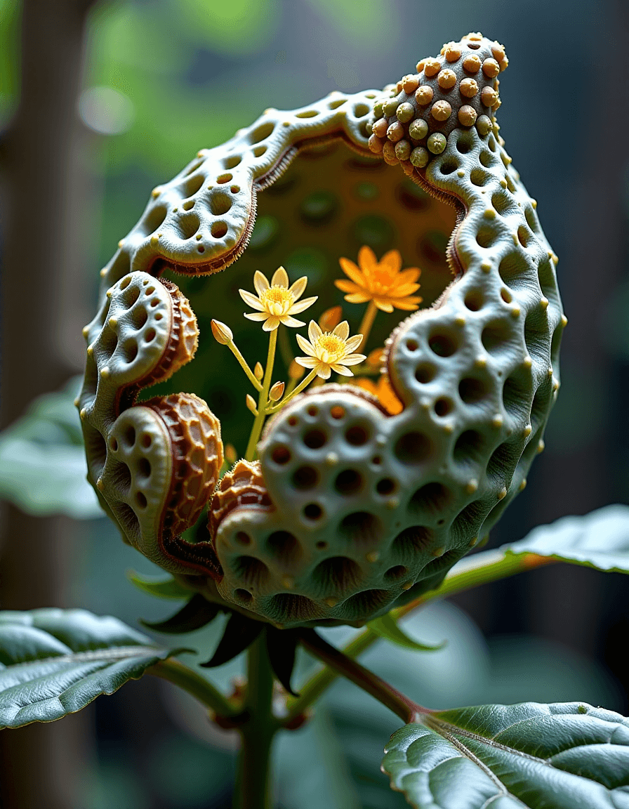 AI generated: Bio-engineered seed pod, its exterior a tough, fractal-patterned husk, slightly cracked to reveal gl...