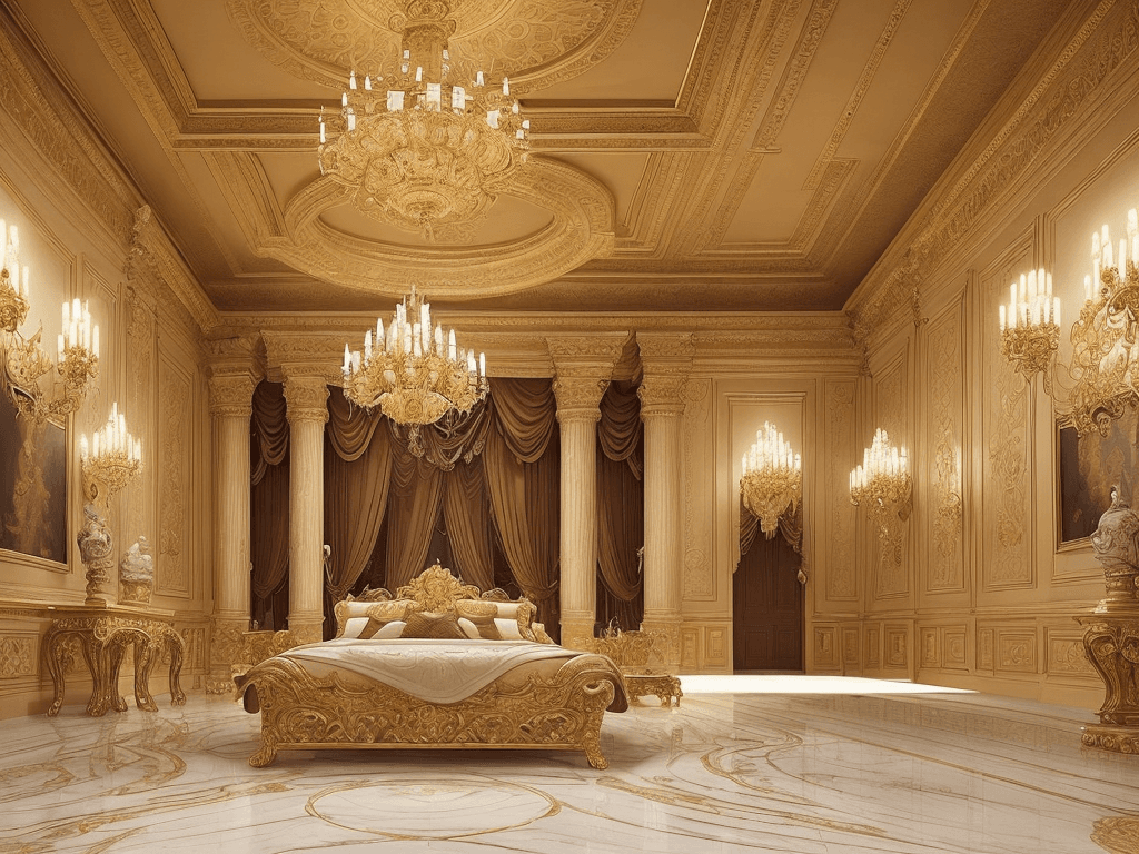 AI generated: The background of the image is a grand, high-ceilinged room with a luxurious, ornate decor. The wall...