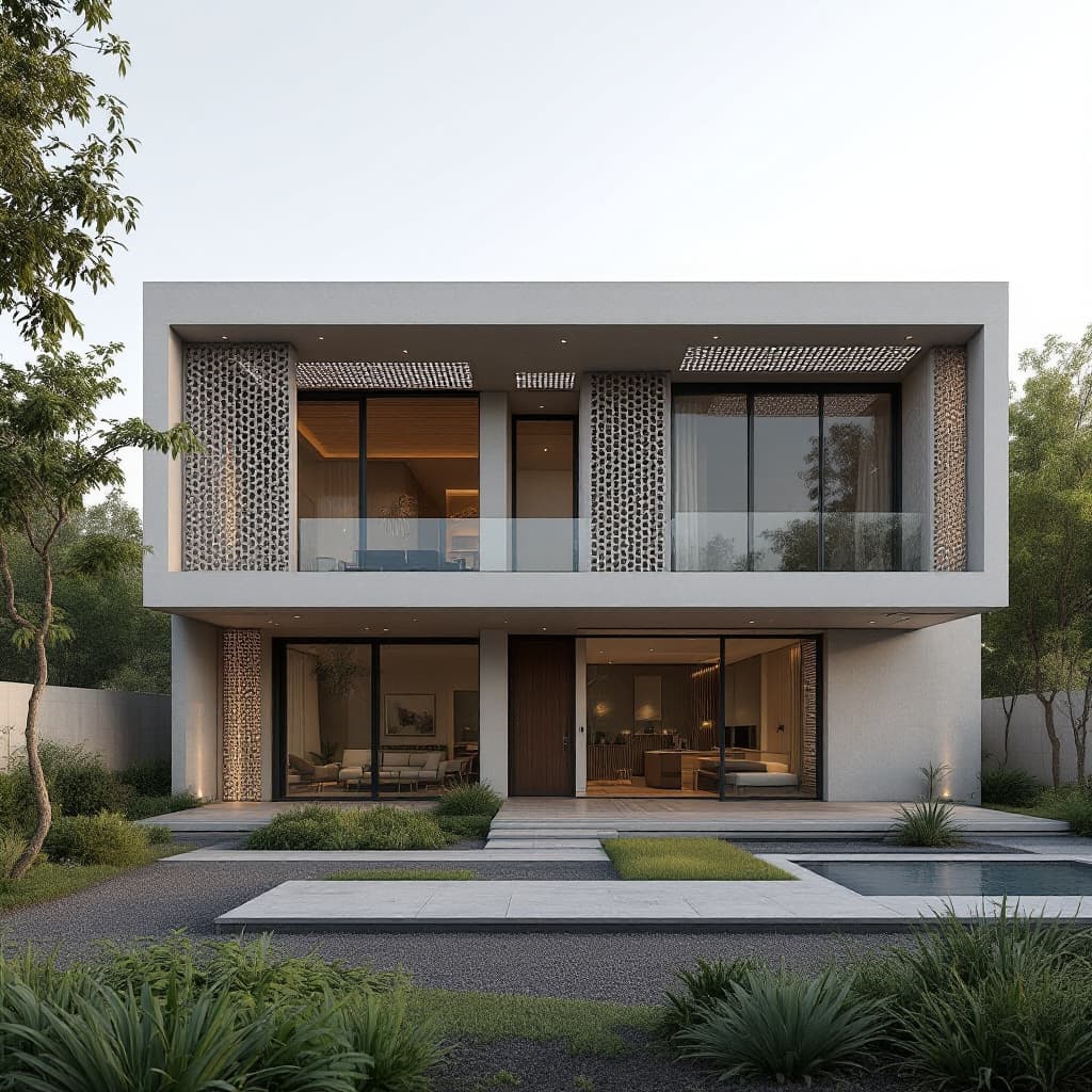 AI generated: Modern minimalistic residence  with jali work and an inspiration of islamic houses in the middle of ...
