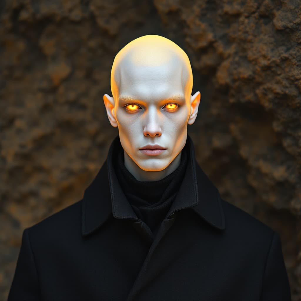 AI generated: “Face-frontal portrait of a man with albinism, intense amber eyes, glowing skin, wearing a structure...