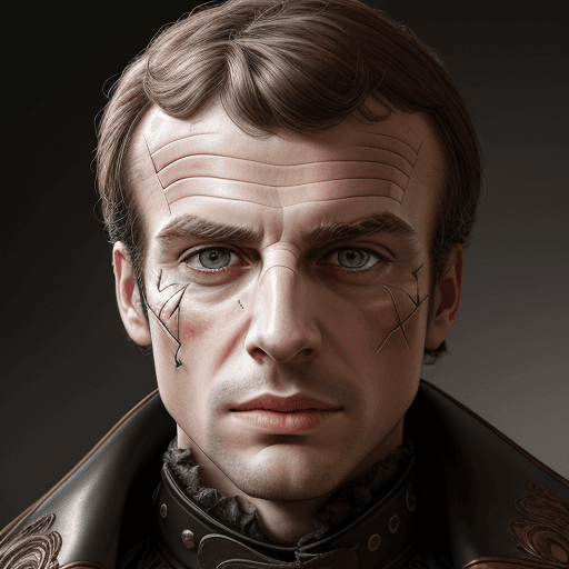 AI generated: pensive face made entirely of scraps of leather, face of Emmanuel Macron, face is slowly disintegrat...
