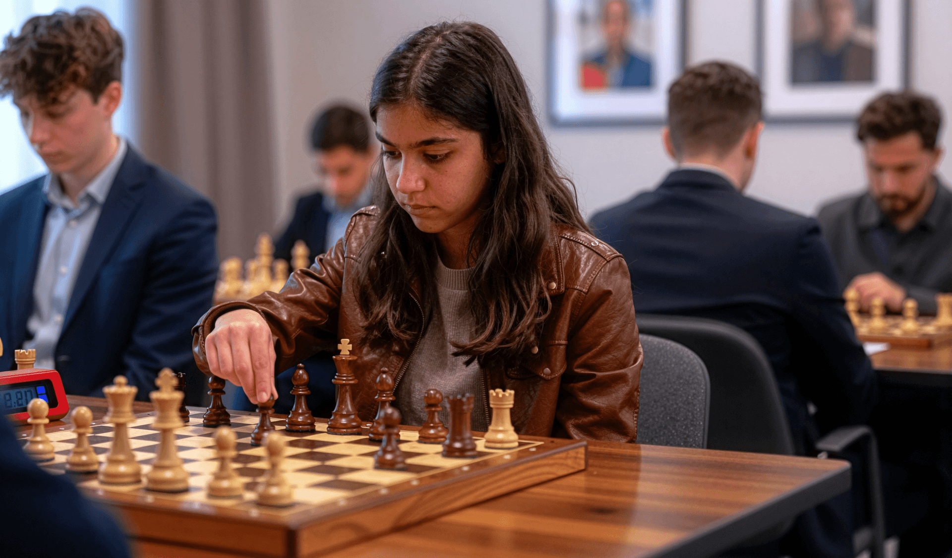 AI generated: Photorealistic, documentary medium-close frame of a young female chess player making a move in a com...