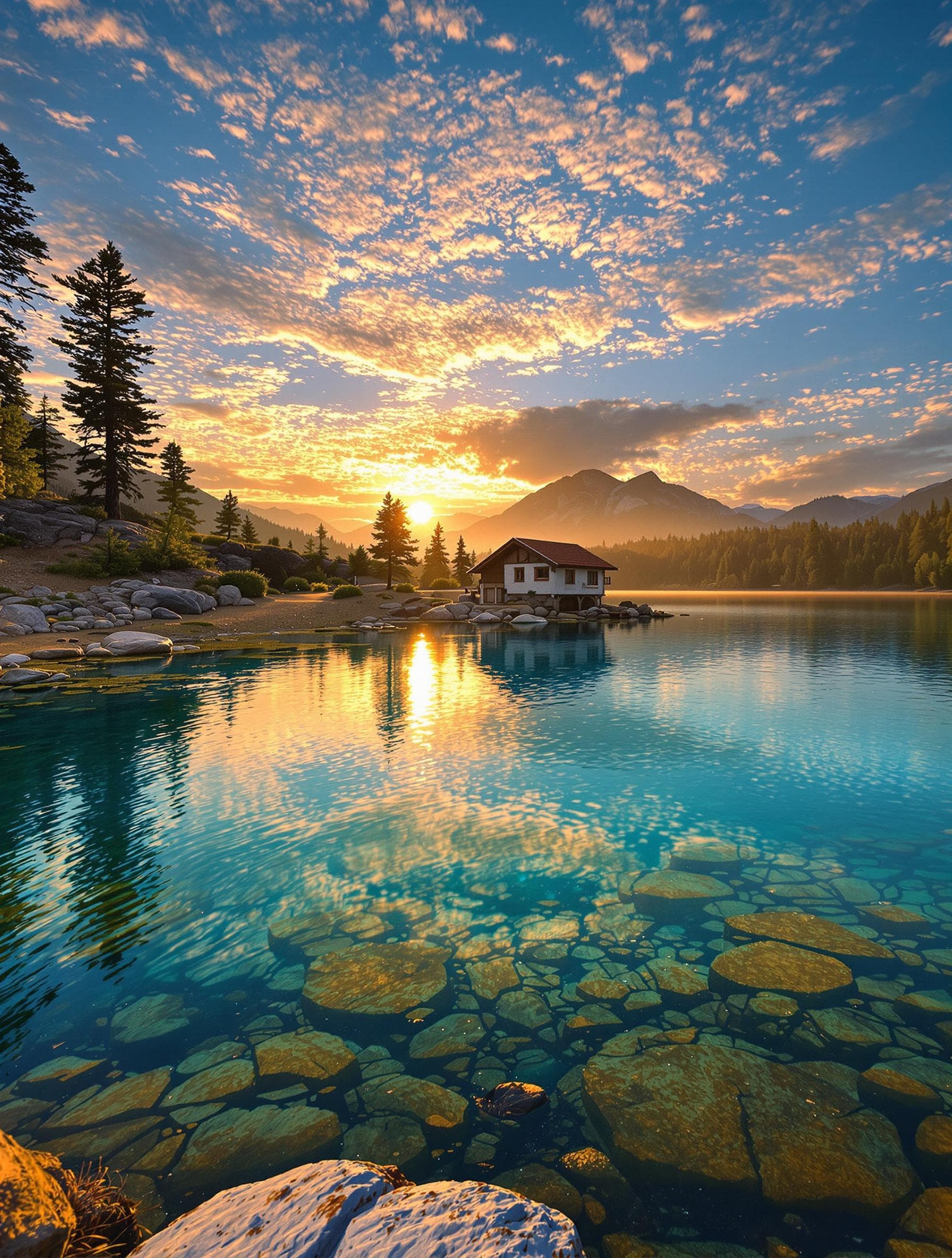 AI generated: early morning, sunrise, small house, calm surface of water of silver-blue lake, thin golden clouds, ...