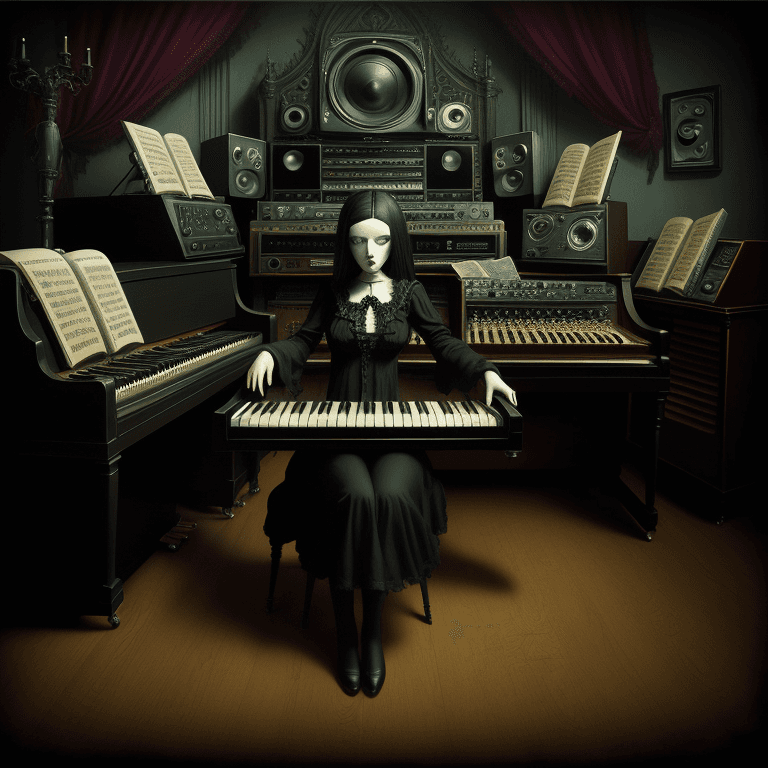 AI generated: music Album cover picture, gothic, surreal art, oil picture, radio, speaker, computer, piano, organ,...