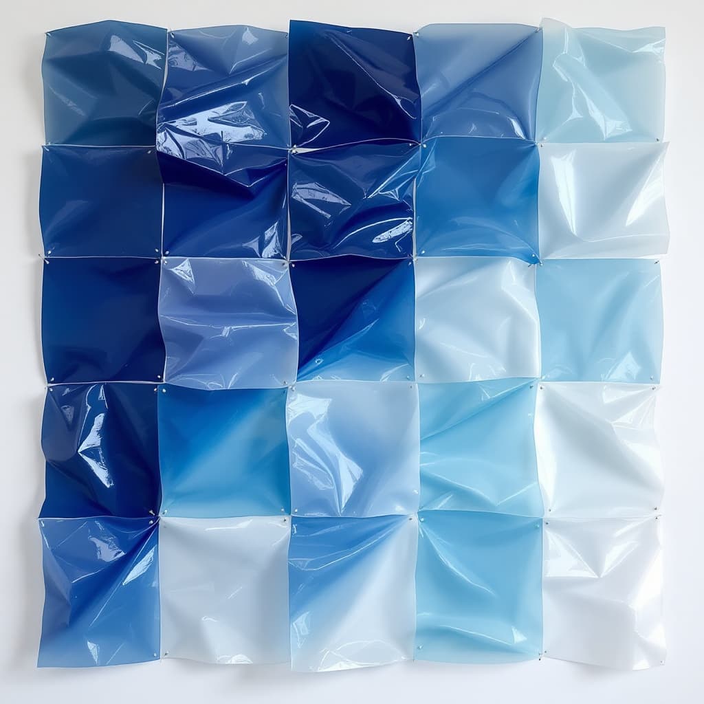AI generated: Prompt:
“A modern abstract art installation composed of semi-transparent, glossy, and crumpled squar...