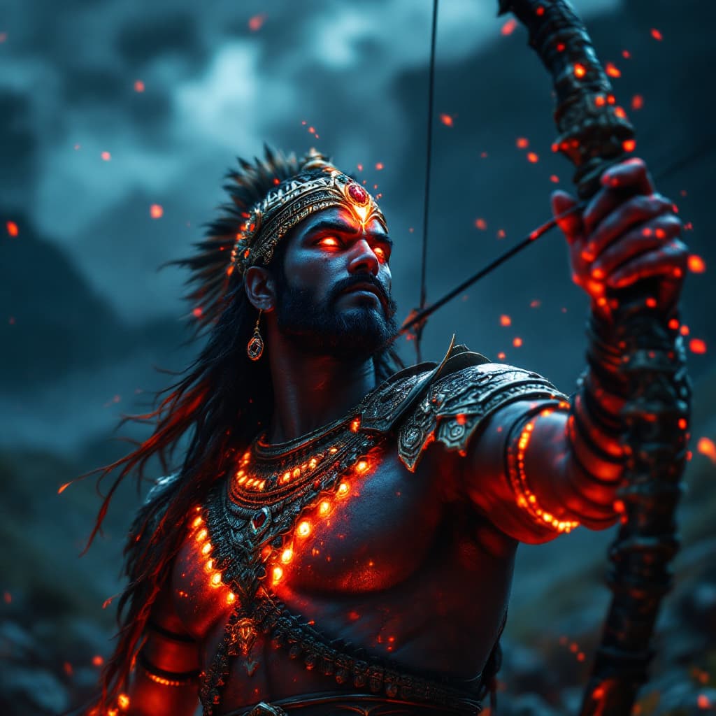 AI generated: close up shot of Ashwatthama in indian armor, stormy night on hill, aiming a charged arrow upward wi...