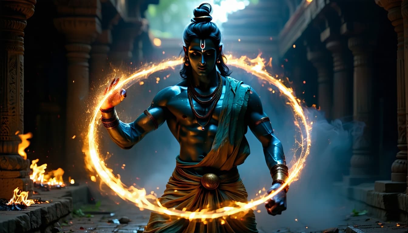 AI generated: Lord Krishna With Sudarshan Chakra cinematic mythological realism, divine warrior aesthetic, dark mo...