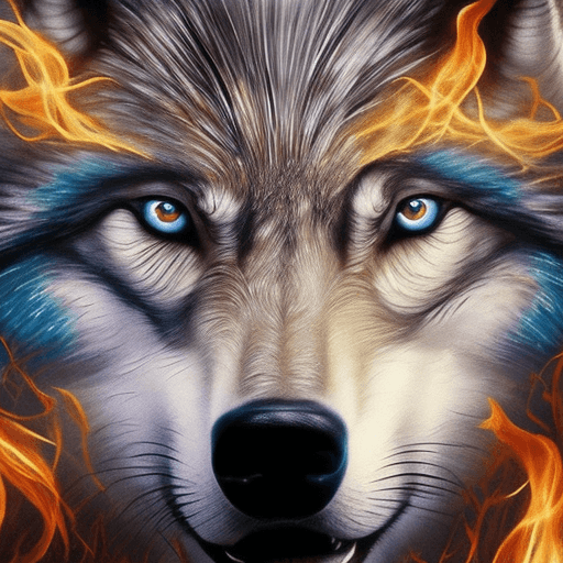 AI generated: a photo of a wolf with blue eyes looking at herself, in the jungle with fire, realistic hyper-detail...