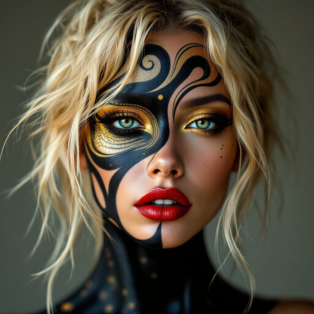 AI generated: An image of a woman with a hyperrealistic style, showcasing an elaborate body paint design. The skin...