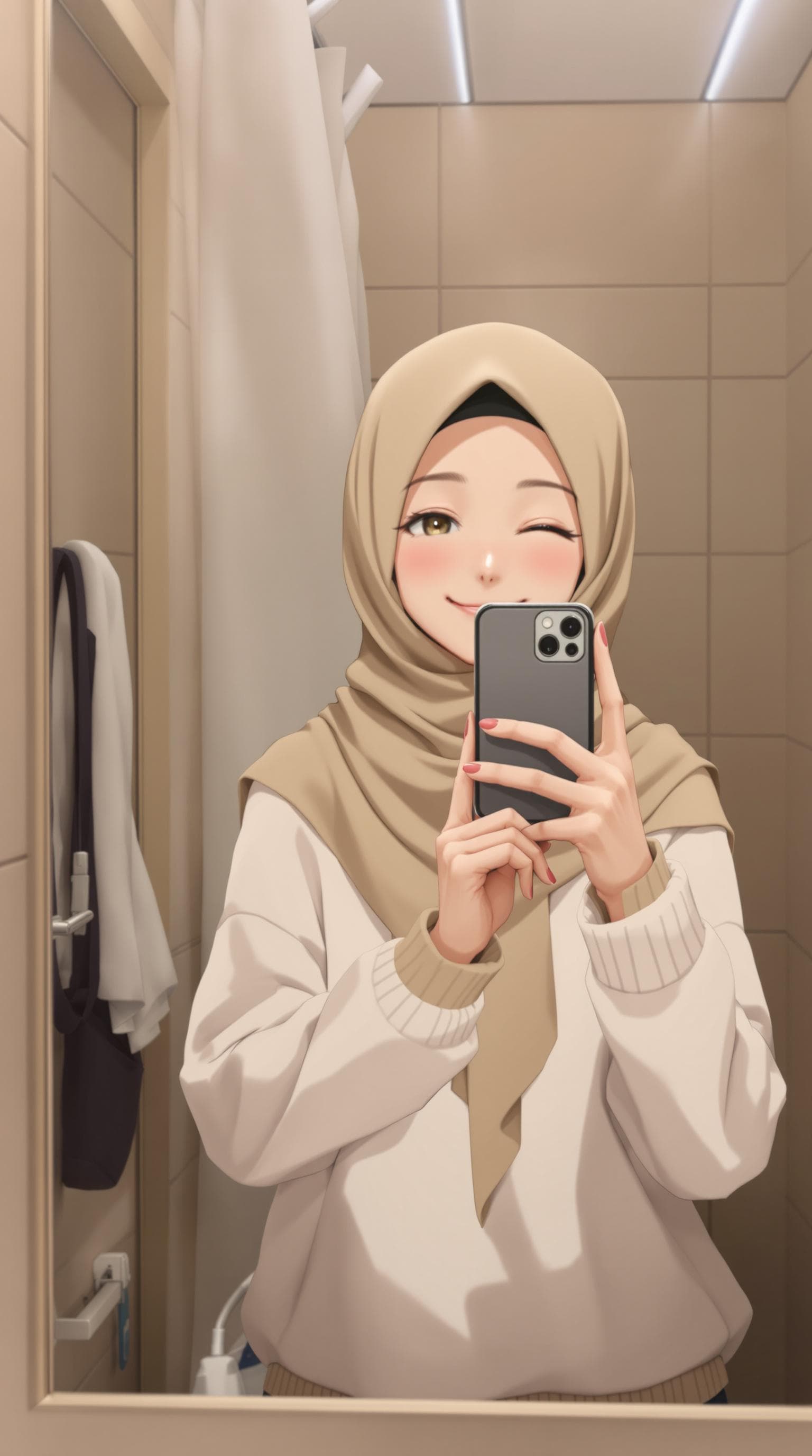 AI generated: anime, 1girl, wearing a hijab smiles, mirror selfie. She is wearing a white sweater and a beige hija...