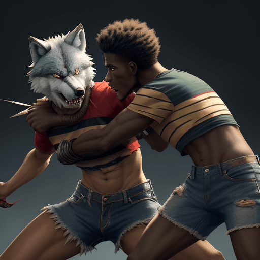 AI generated: a were wolf ebony man wear a torn red and black stripe t-shirt and dean jean shorts, they are torn a...