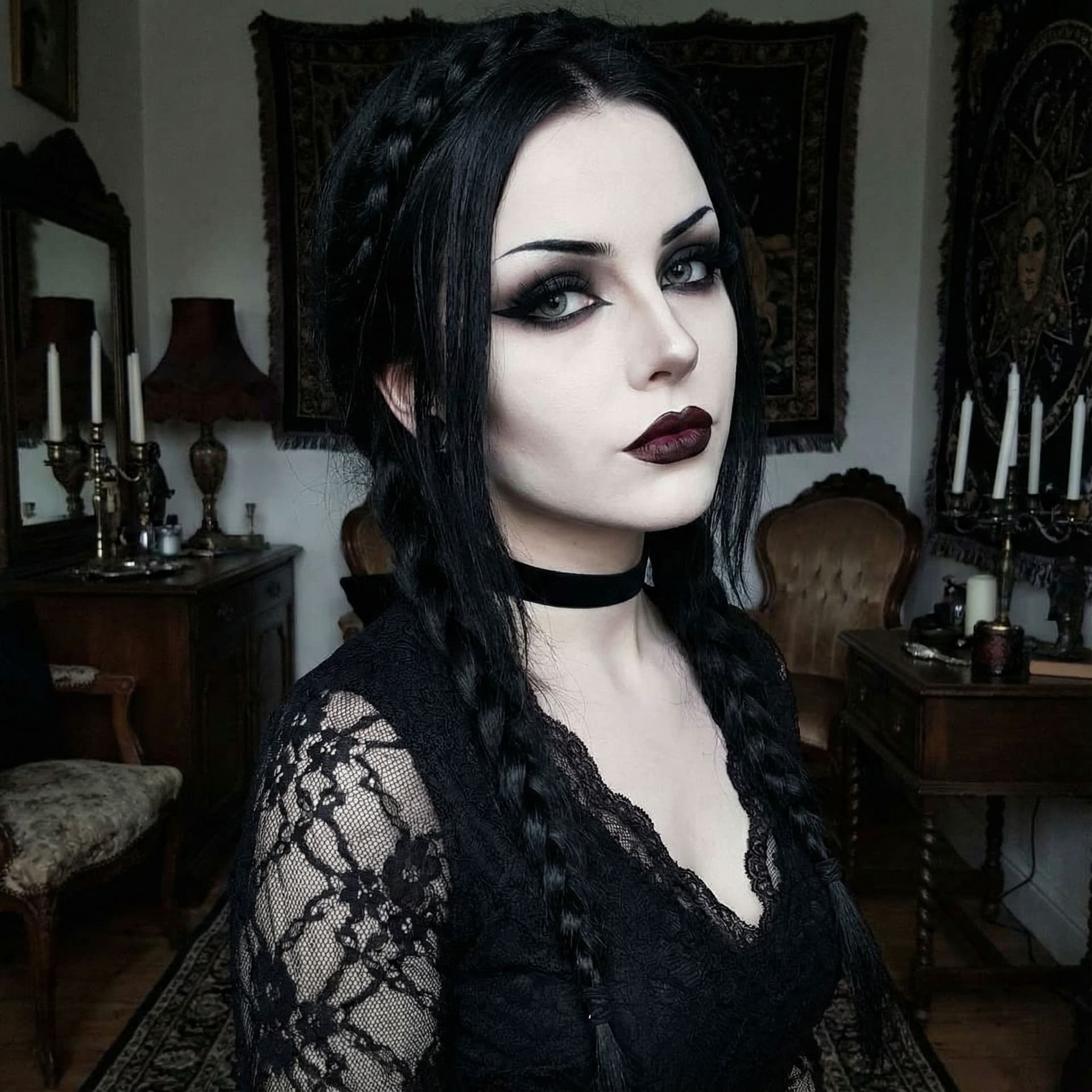 AI generated: gothic model, that have between 18 and 20 years, which black hair and gothic make up