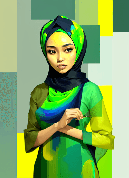 AI generated: Painting a beautiful Indonesian woman, wearing light green Hijab and shirt, abstract style. non-repr...